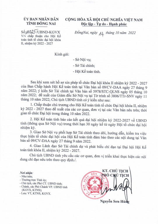 Công văn số 11025/UBND-KGVX Về việc chấp thuận cho Hội kế toán tổ chức đại hội nhiệm kỳ II